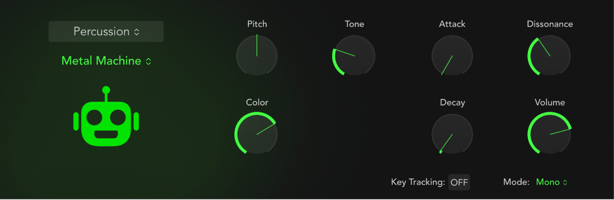 Abbildung. Bedienoberfläche von Drum Synth mit einem Percussion-Sound und den dazugehörigen Parametern Die Parameter ändern sich, wenn ein anderer Percussion-Sound gewählt wird.