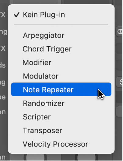 Abbildung. Auswählen eines MIDI-Effekts aus dem Einblendmenü