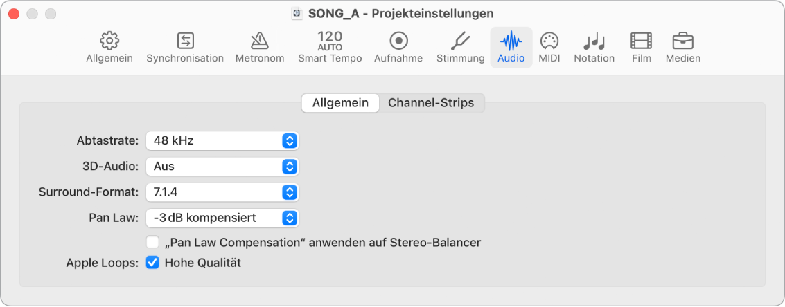 Abbildung. Projekteinstellungsbereich „Audio“ > „Allgemein“.