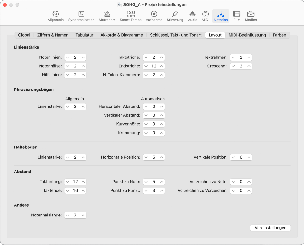 Abbildung. Projekteinstellungsbereich „Notation“ > „Layout“