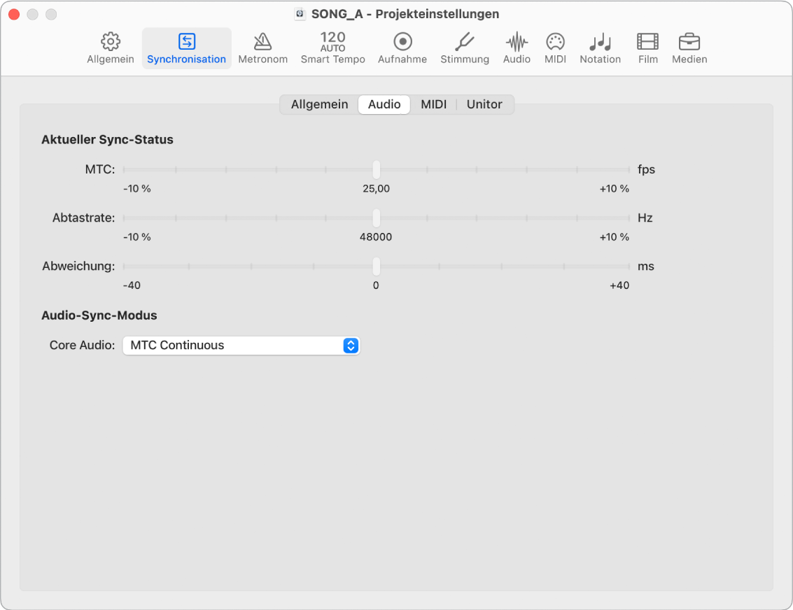 Abbildung. Projekteinstellungen „Audiosynchronisation“.
