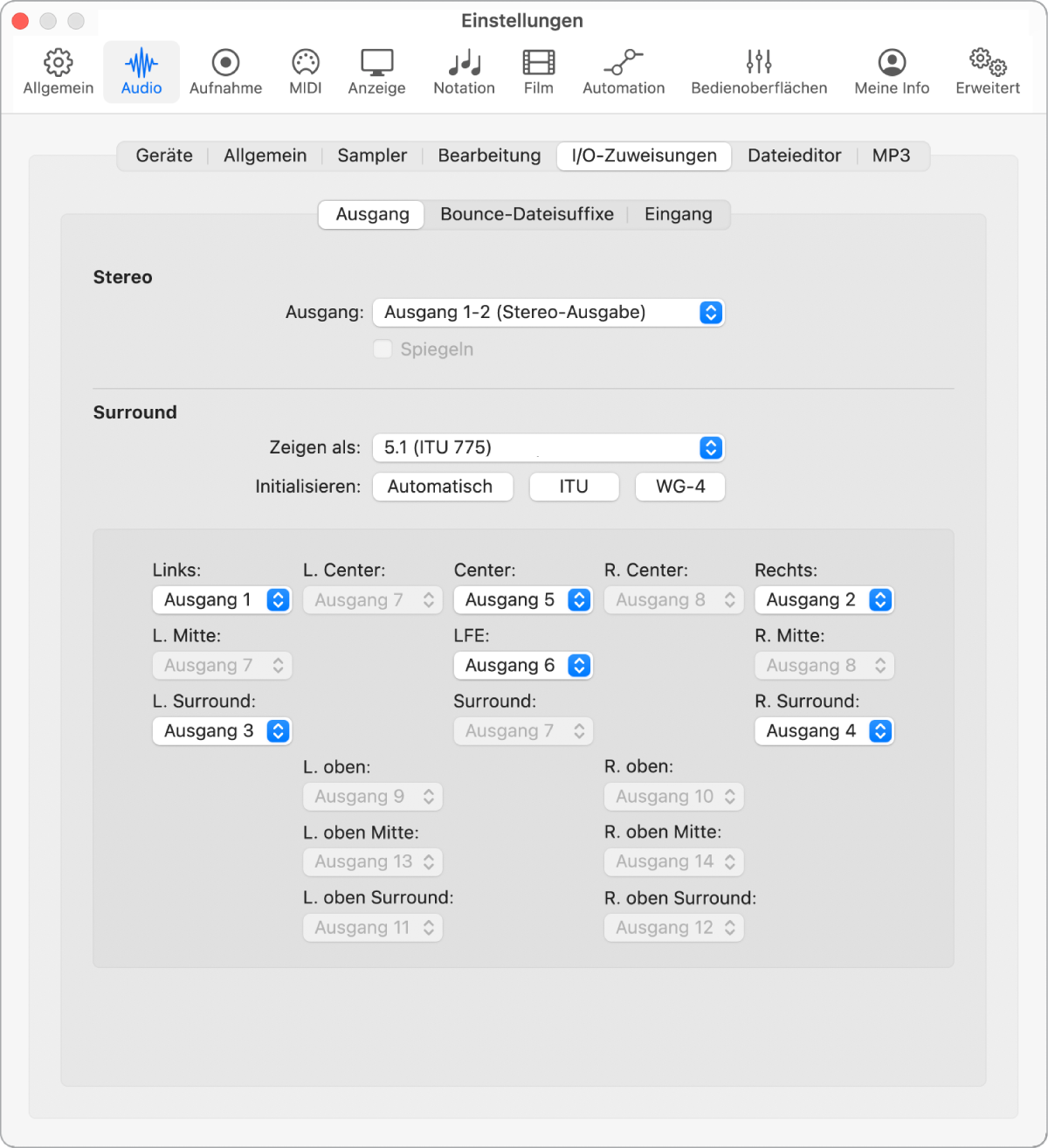 Abbildung. Bereich „I/O-Zuweisungen“ in den Audio-Einstellungen