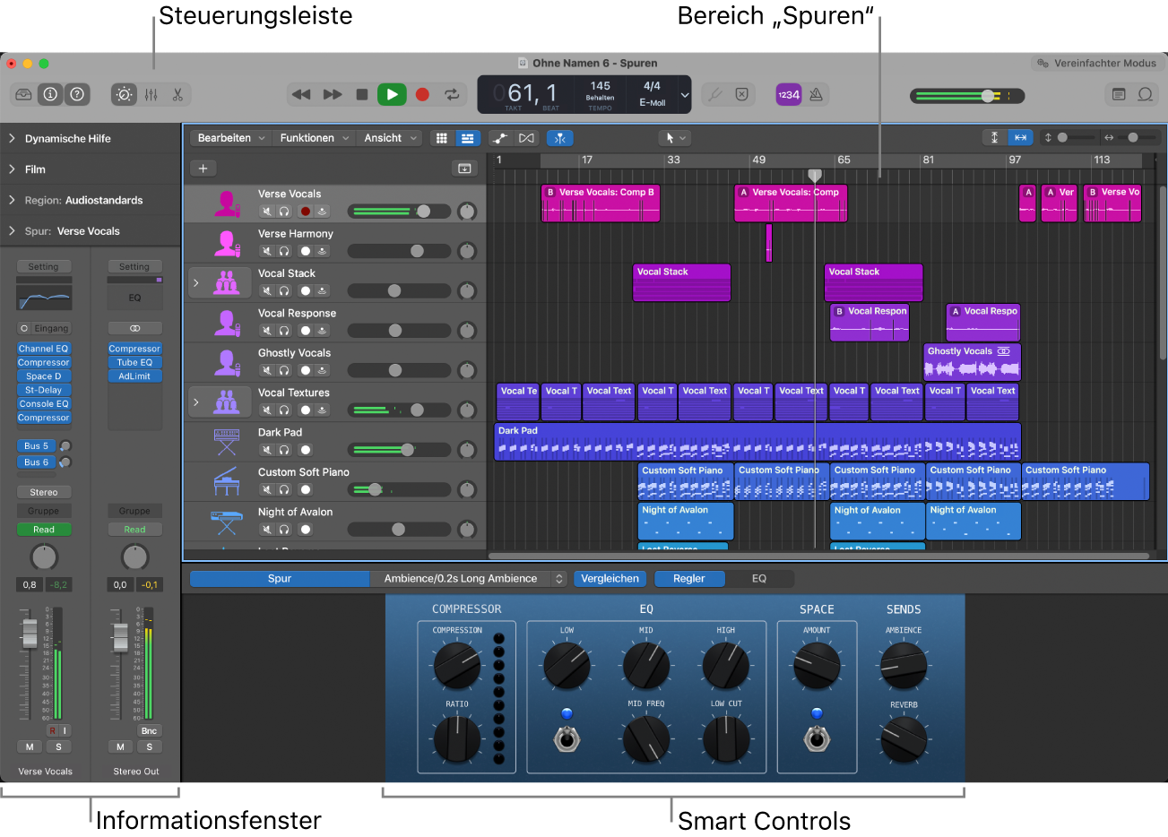 Abbildung. Hauptfenster von Logic Pro mit den wichtigsten Arbeitsbereichen