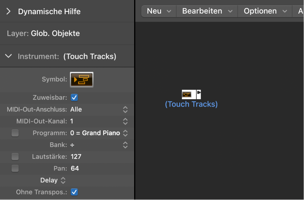 Abbildung. Environment-Fenster mit Anzeige eines Objekts für Touch Track und des zugehörigen Informationsfensters