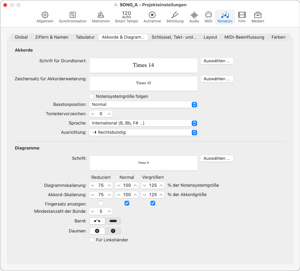 Abbildung. Projekteinstellungsbereich „Notation“ > „Akkorde & Diagramme“