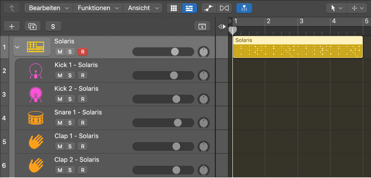 Drum Machine Designer-Spurstapel mit Pattern-Region, die leere Unterspuren aufweist