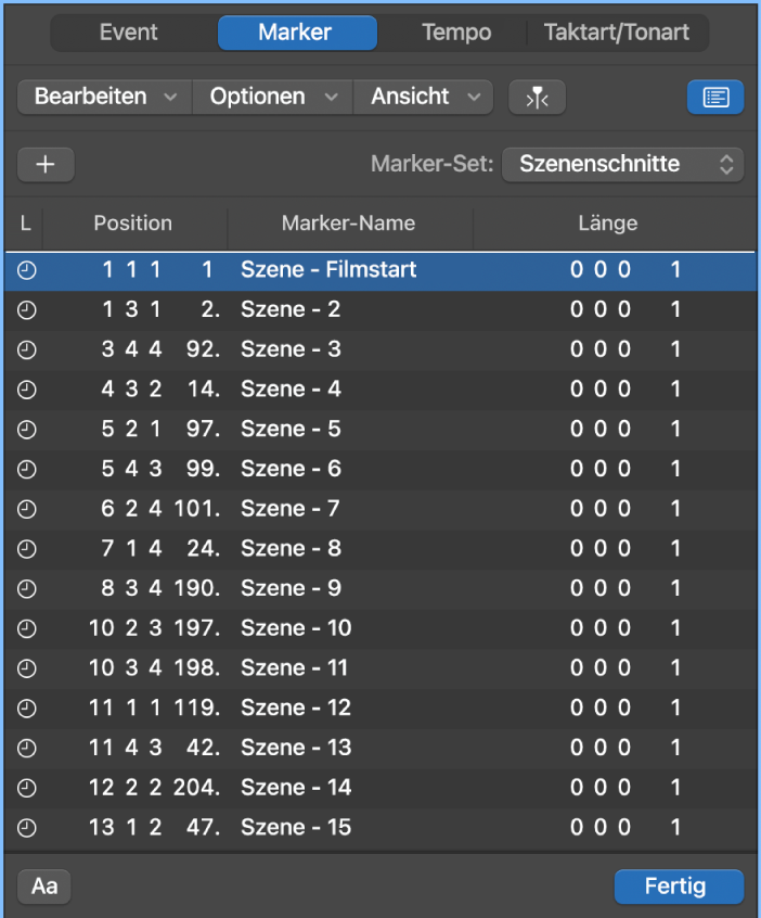 Abbildung. Marker-Liste mit Filmszenen-Markern