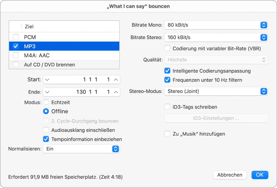 Abbildung. MP3-Optionen im Bounce-Fenster