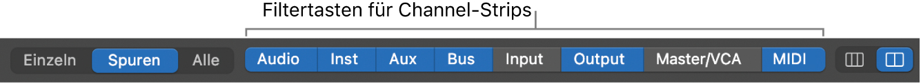 Abbildung. Filtertasten für Channel-Strips, einige sind ausgewählt, andere nicht