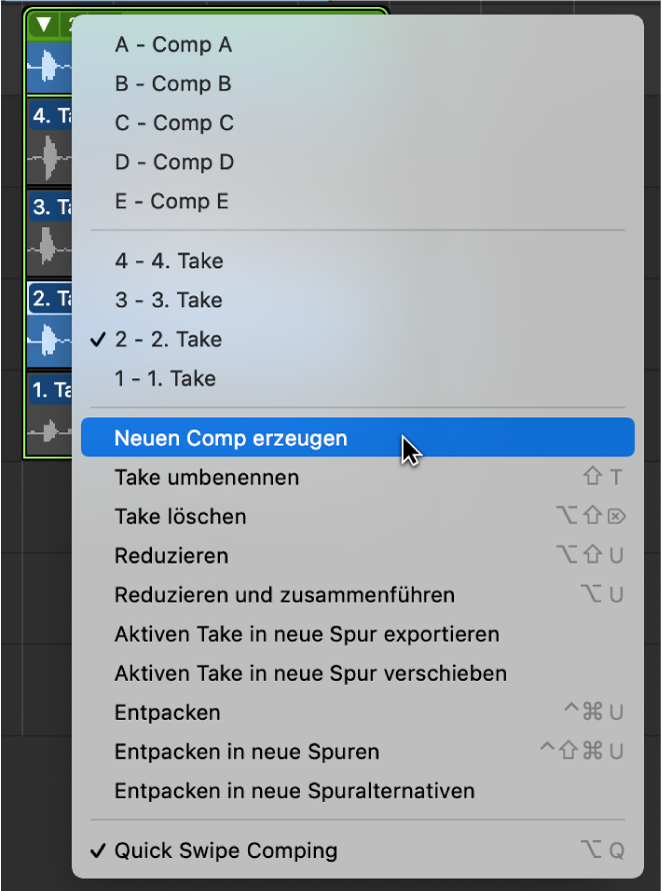 Abbildung. Auswählen von „Neuen Comp erzeugen“ im Einblendmenü