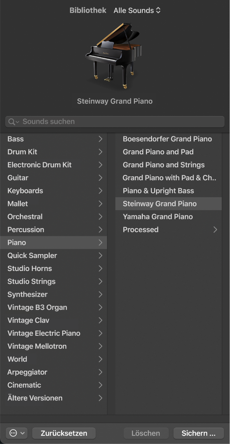 Abbildung. Die Bibliothek, ausgewählt sind die Kategorie „Piano“ und der Patch „Grand Piano“
