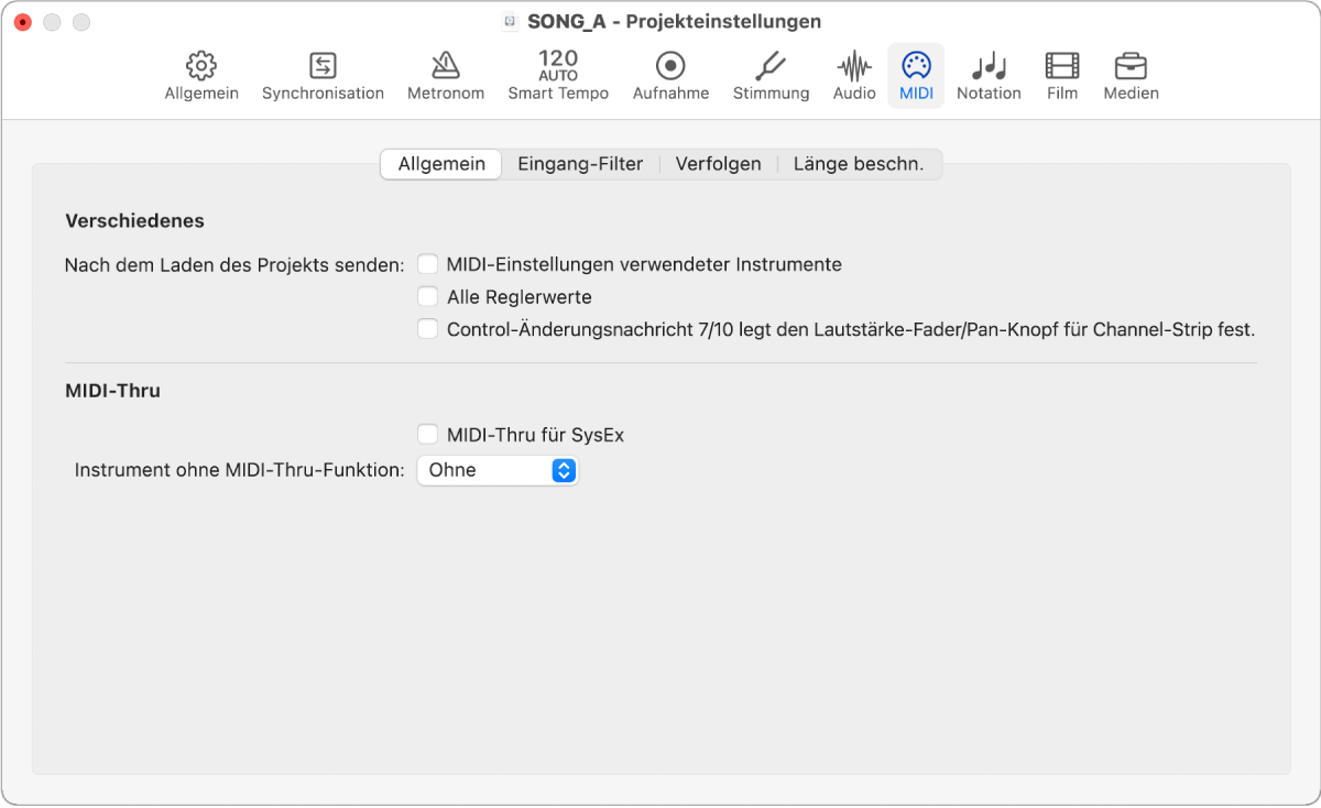 Abbildung. Projekteinstellungsbereich „MIDI“ > „Allgemein“
