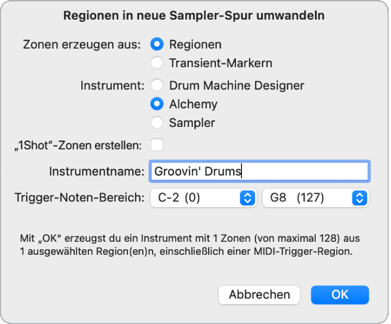 Abbildung. Dialogfenster „Regionen in neue Sampler-Spur konvertieren“