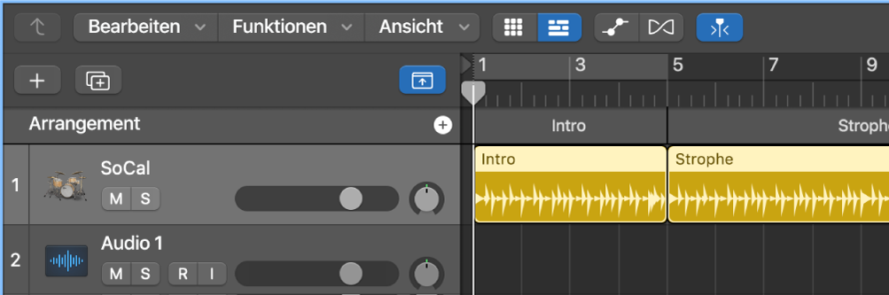 Abbildung. Eine Drummer-Spur mit fünf Regionen, die den fünf Arrangement-Markern entsprechen