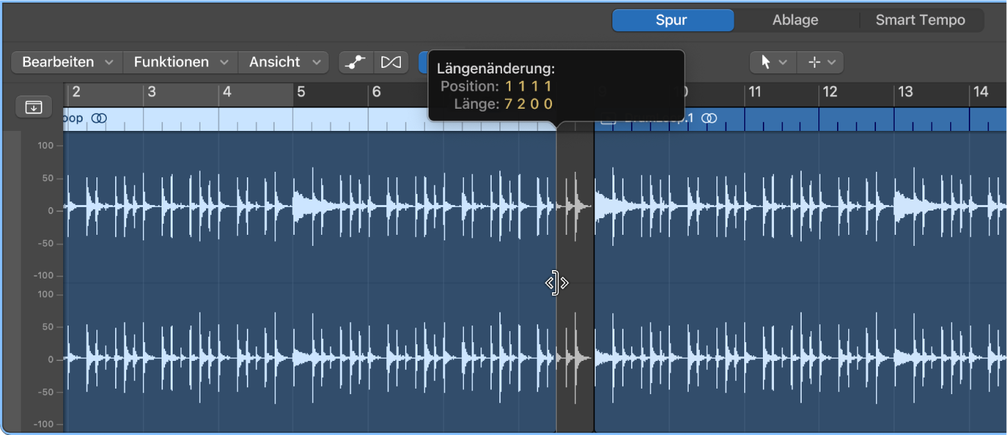 Abbildung. Trimming-Region im Audiospureditor mit Info-Text zur Länge der Region und dem Umfang des getrimmten Anteils