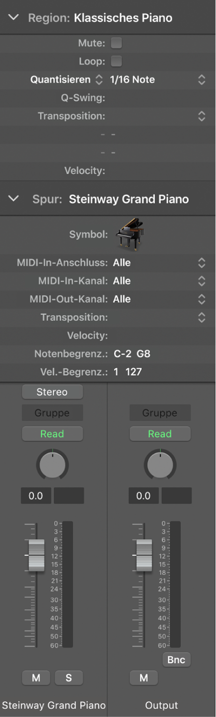 Abbildung. Das Informationsfenster mit dem Bereich „Dynamische Hilfe“, dem Informationsfenster „Region“, dem Informationsfenster „Spur“ und den Channel-Strips des Informationsfensters