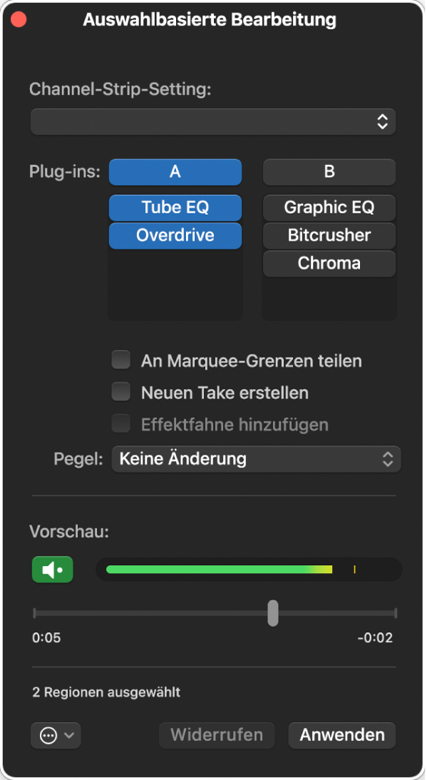 Abbildung. Auswahlbasiertes Verarbeitungsfenster mit aktivierter Option „Set A“