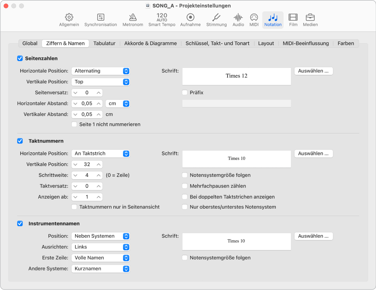 Abbildung. Projekteinstellungsbereich „Notation“ > „Ziffern & Namen“