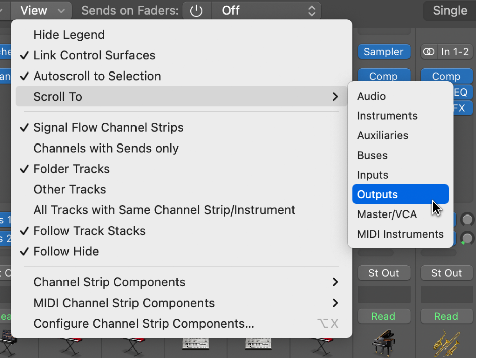 Figure. Scroll To submenu of the Mixer’s View menu.