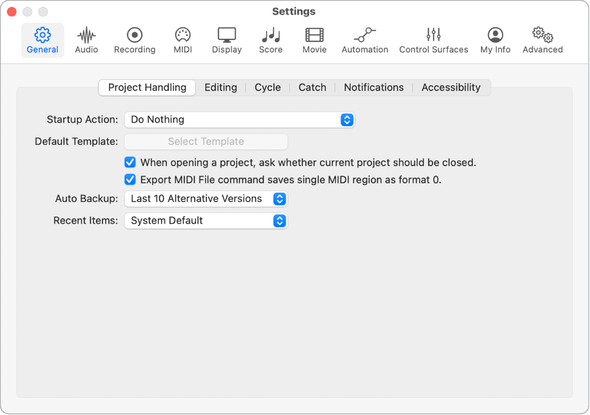 Figure. General Project Handling settings.