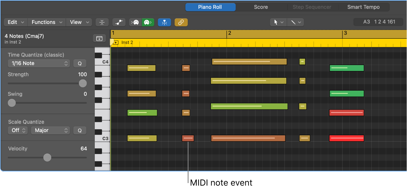 Figure. Piano Roll Editor, pointing out MIDI note event.