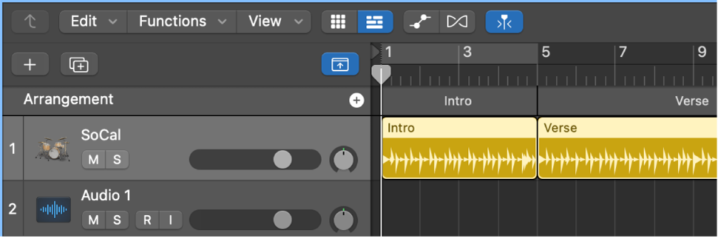 Figure. A Drummer track containing five regions to match the five arrangement markers.