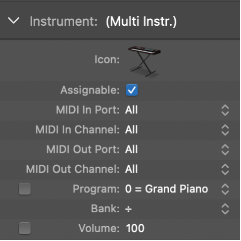 Figure. Standard instrument object inspector showing the Program parameter and checkbox.