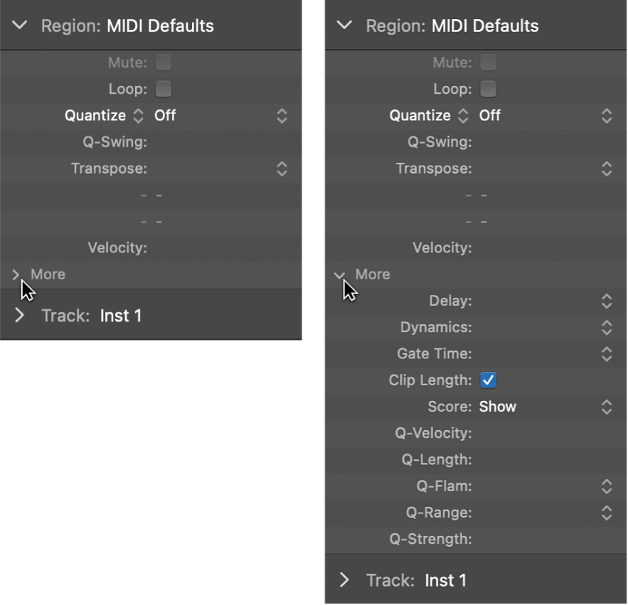 Figure. A pair of images showing audio and MIDI region quantization parameters in the Region inspector.