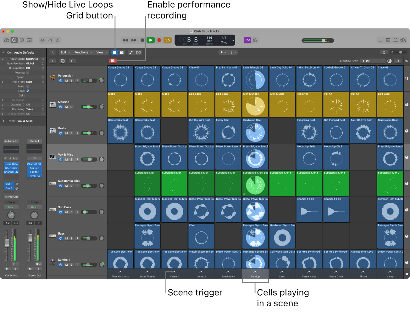 Figure. Live Loops grid with cells playing.