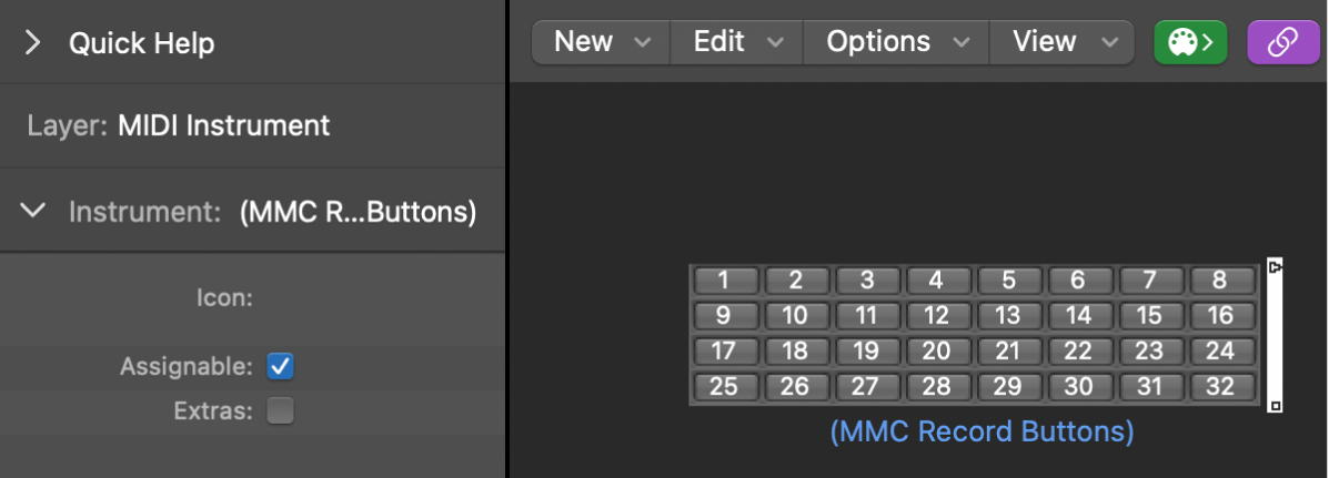 Figure. Environment window showing an MMC record buttons object and its inspector.