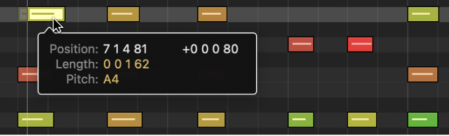 Figure. Option-dragging a note to copy it in the Piano Roll Editor. The Help tag shows the notes position and pitch.