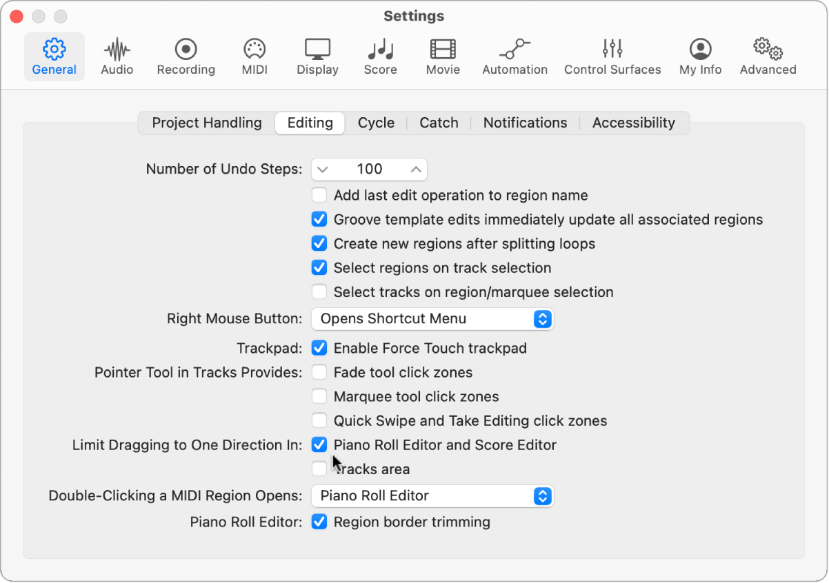 Figure. General Editing settings indicating options to limit note movement dragging.