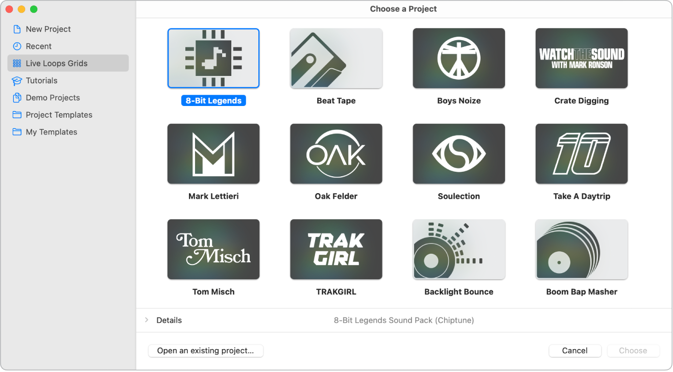 Figure. Project Chooser showing Live Loops grids.