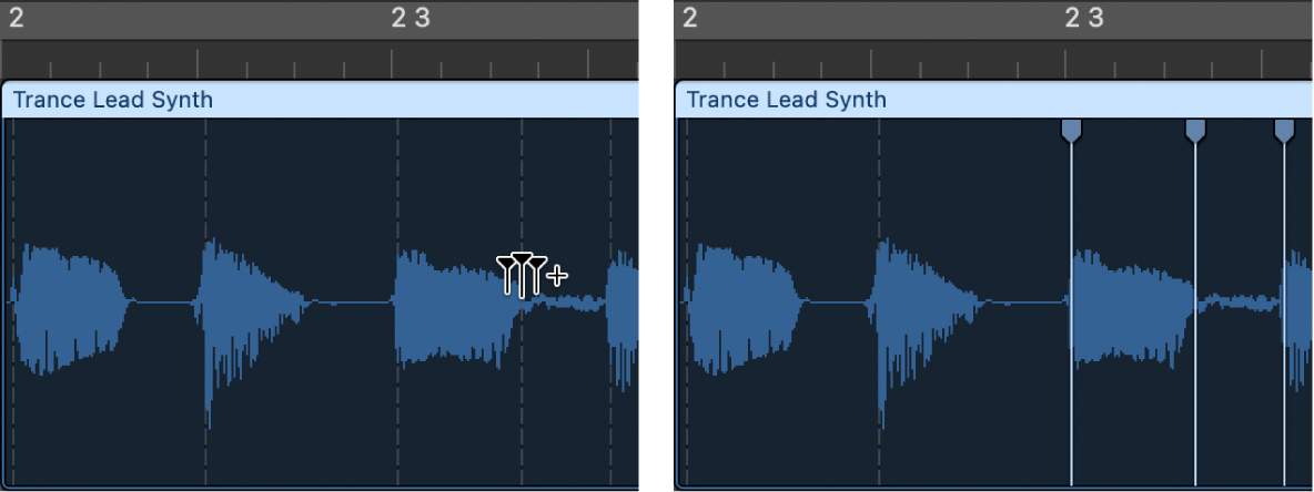 Figure. Audio region showing the creation of three flex markers.