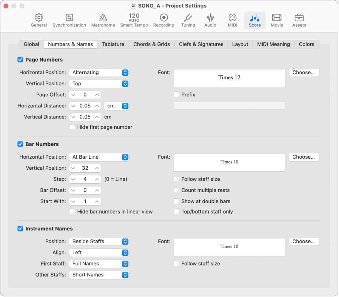 Figure. Numbers & Names project settings.