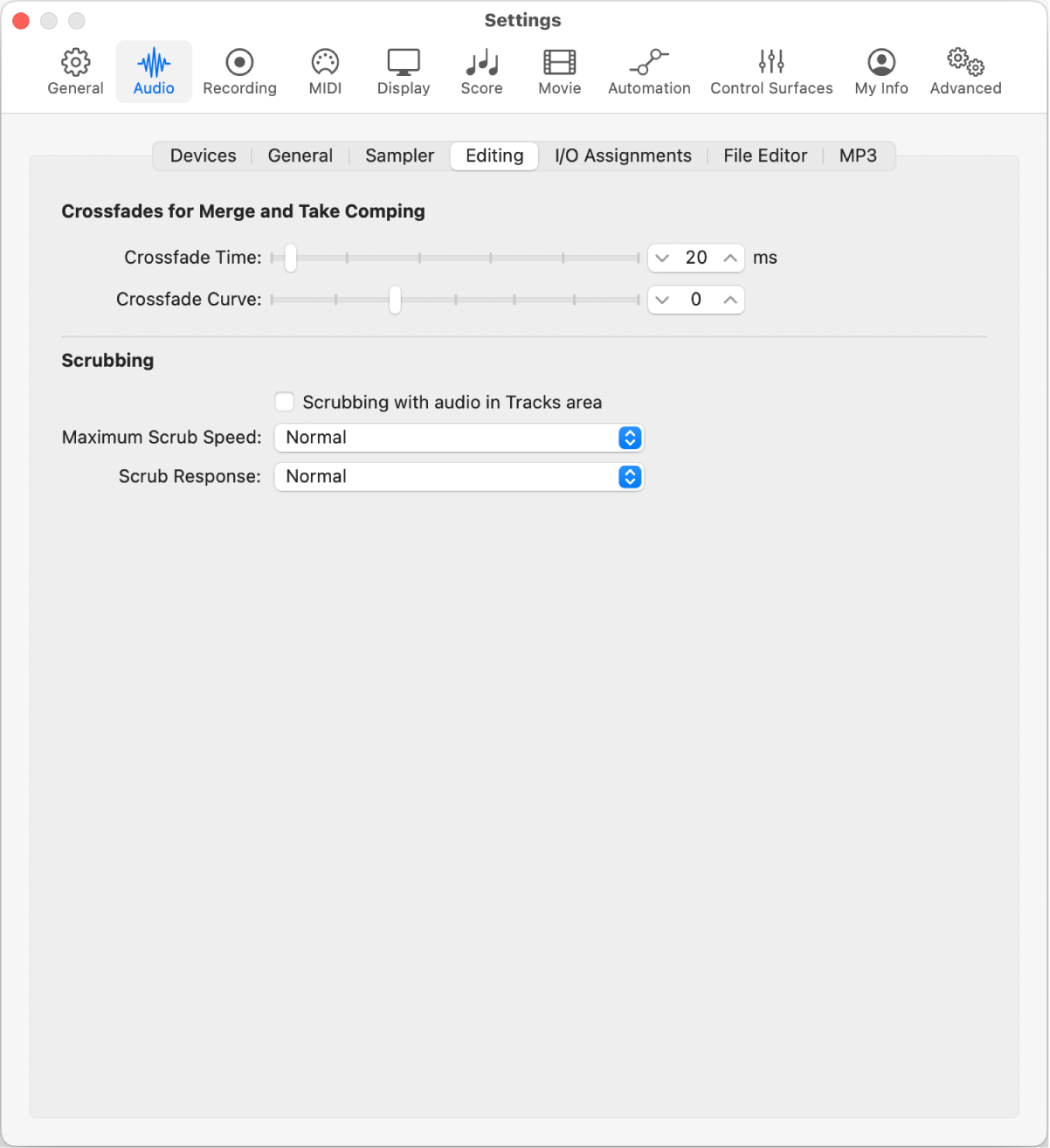 Figure. Audio Editing settings.