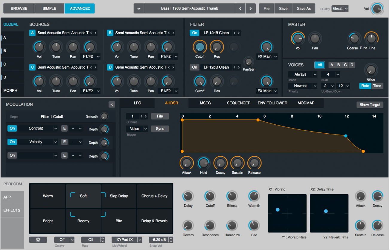 Figure. Advanced view, showing Name bar, source, modulation, and Perform sections.