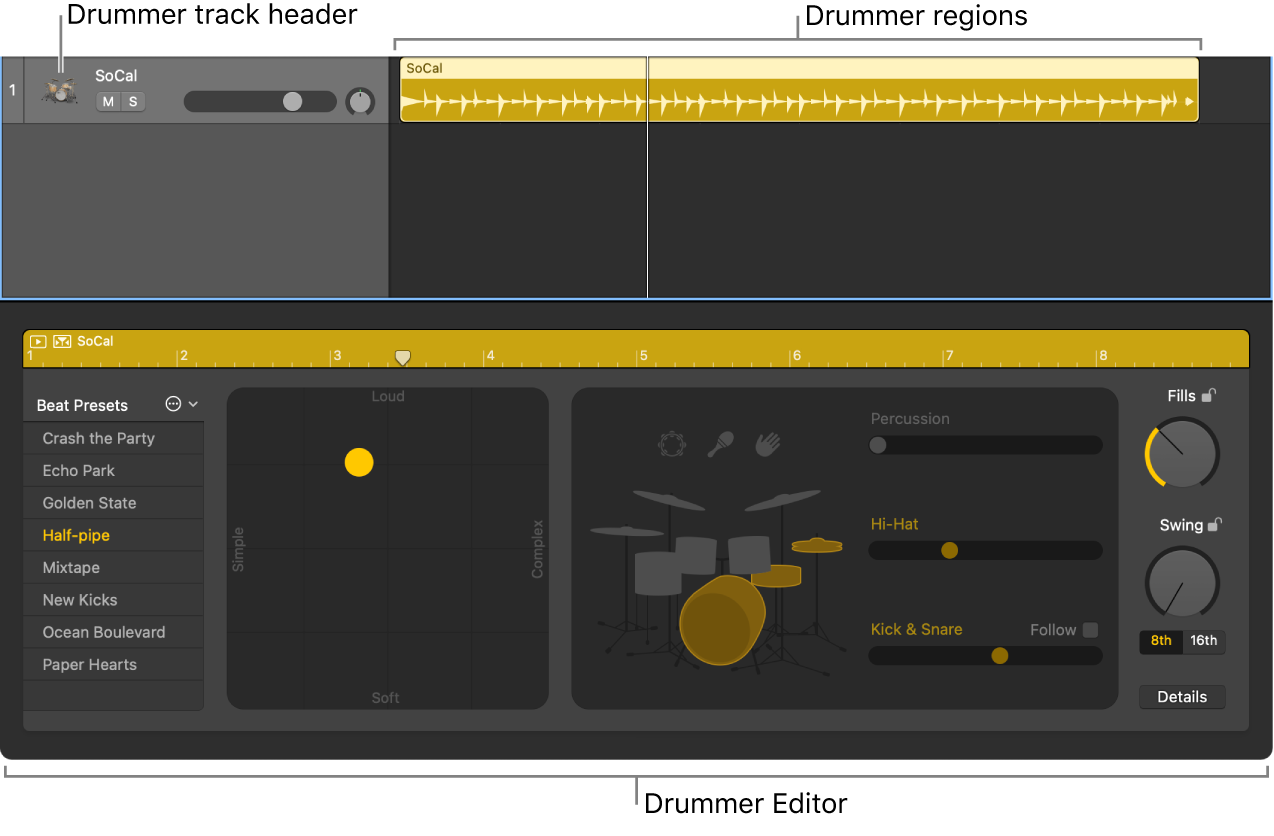 Figure. Shows a Drummer track containing Drummer regions, and the Drummer Editor.