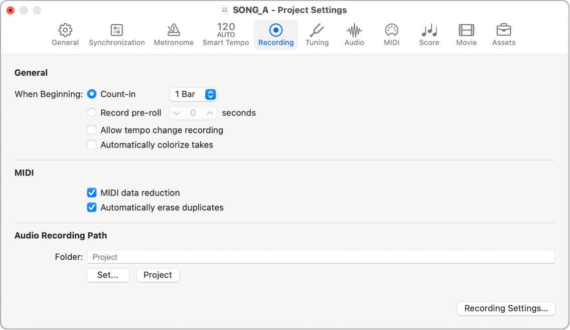 Figure. Recording project settings.