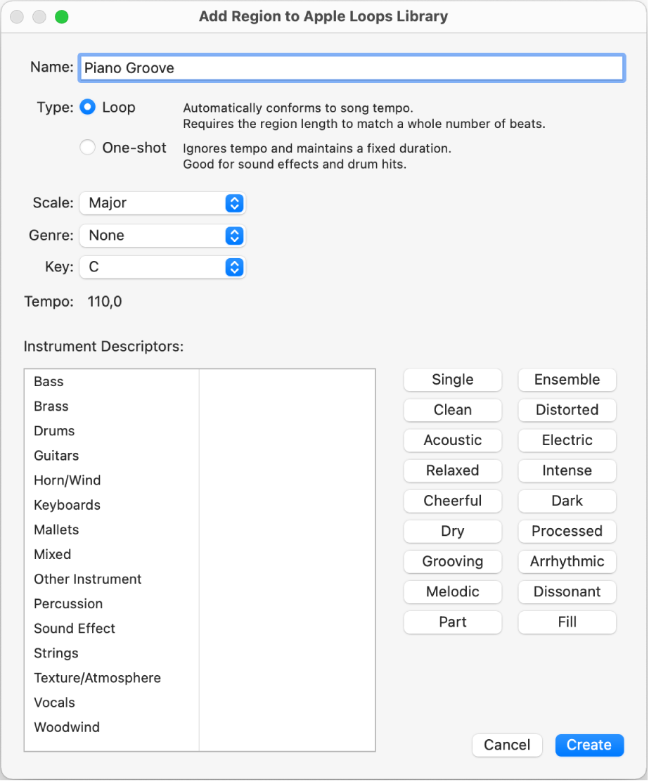 Figure. Add Region to Apple Loops Library dialog.