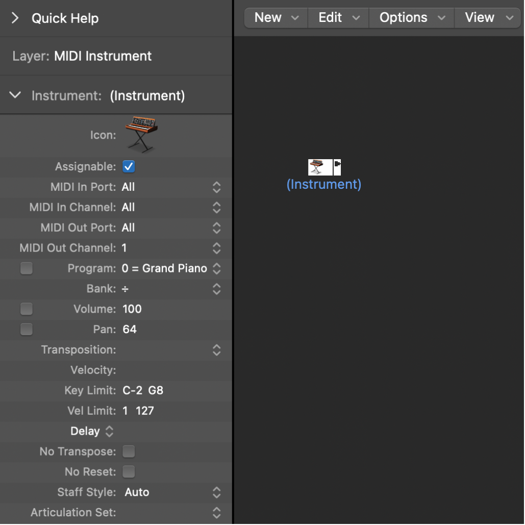 Figure. Environment window showing a standard instrument object and its inspector.