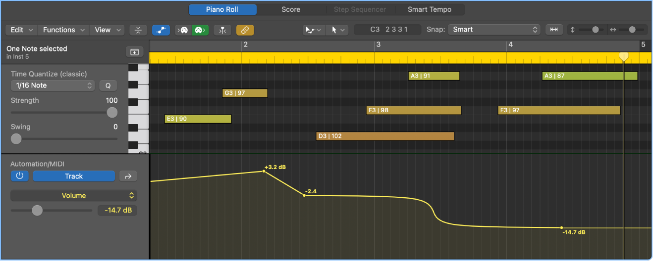 Figure. Automation/MIDI area with track automation showing.