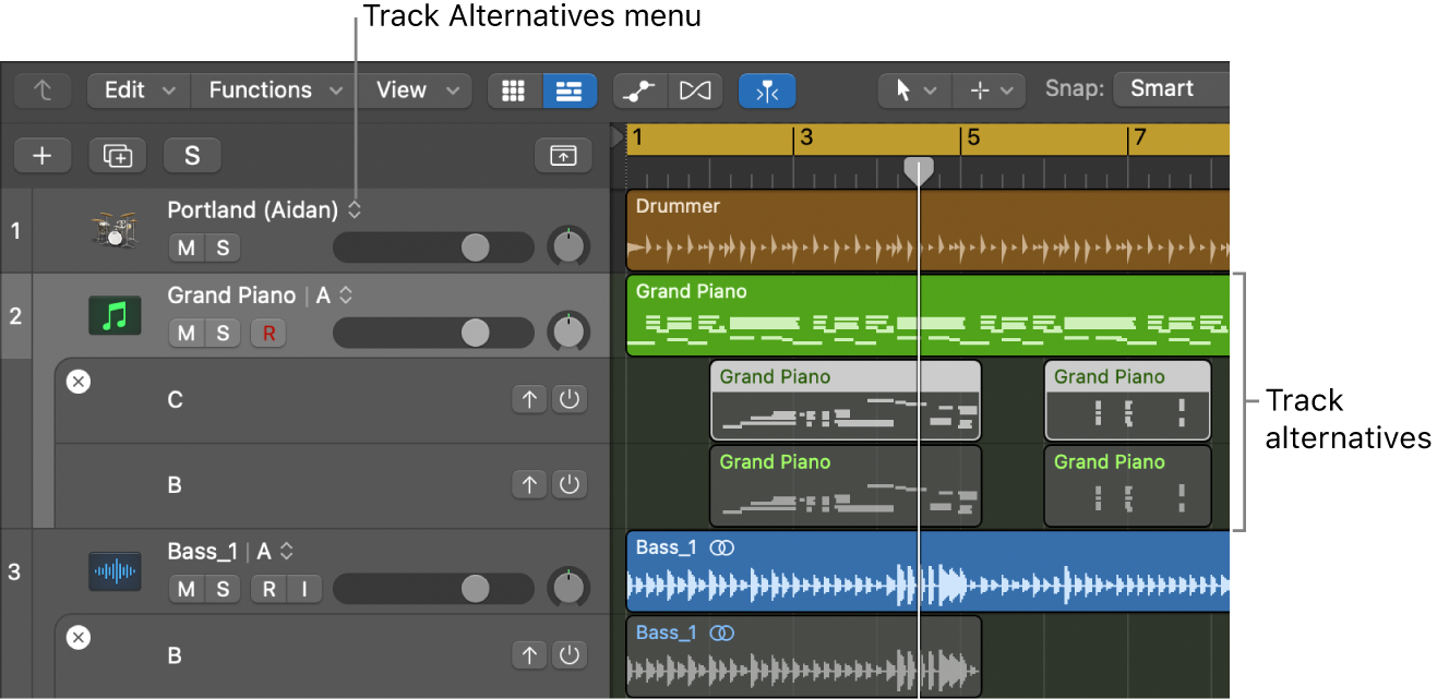 Figure. Tracks area showing multiple track alternatives, with track alternatives menu visible in track headers.