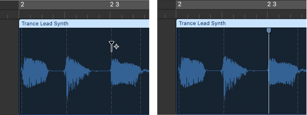 Figure. Audio region showing flex marker creation on top of transient marker.