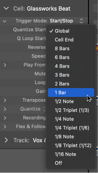 Figure. The Quantize Start pop-up menu in the Cell inspector.