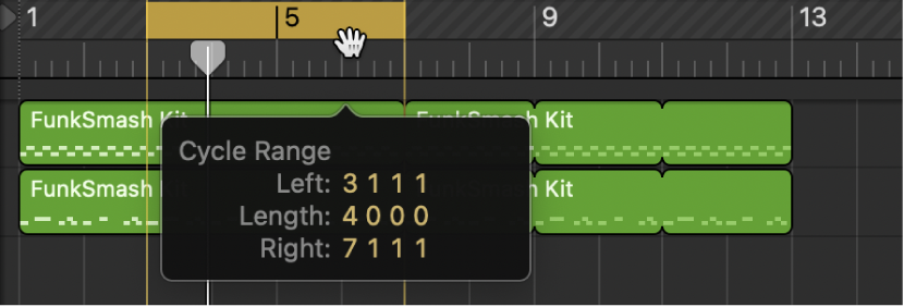 Figure. Setting left and right locator positions by dragging in the ruler.