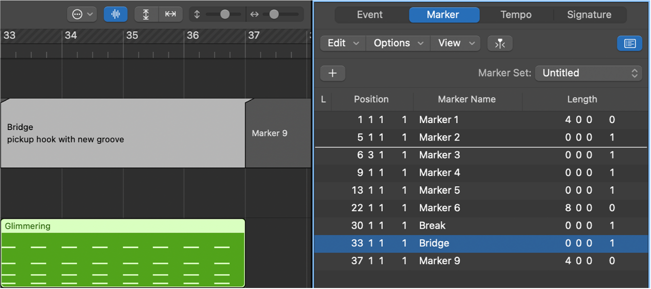 Figure. Marker List showing first line of text in Marker Text area being used as marker name.