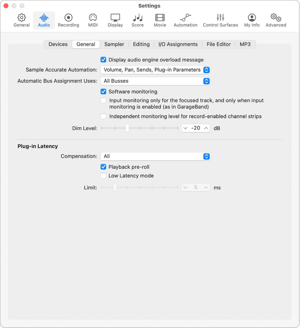 Figure. General Audio settings.