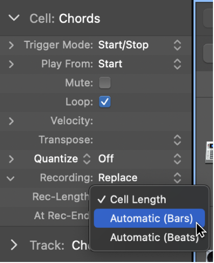 Figure. Rec-Length settings pop-up menu in the Cell inspector.