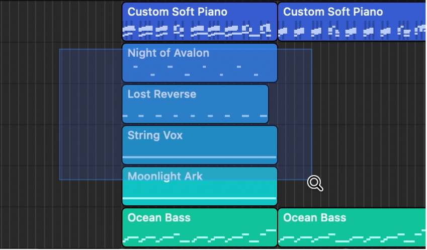 Figure. Arrange area showing a region selection with the Zoom tool.